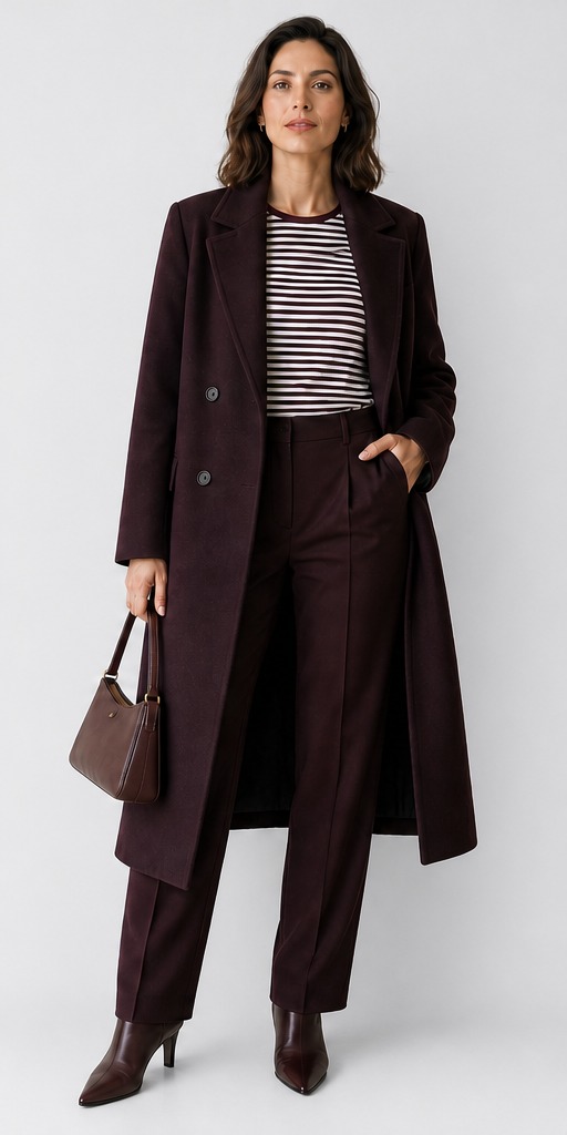 Poland winter: striped T-shirt under double-breasted burgundy wool coat with pleated trousers