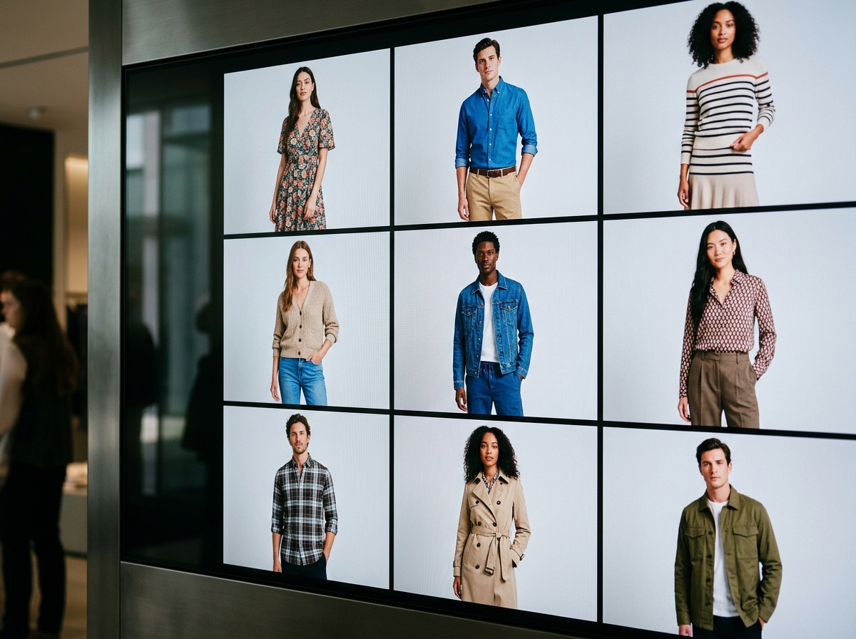 A grid of on-model product detail page images for various apparel items.