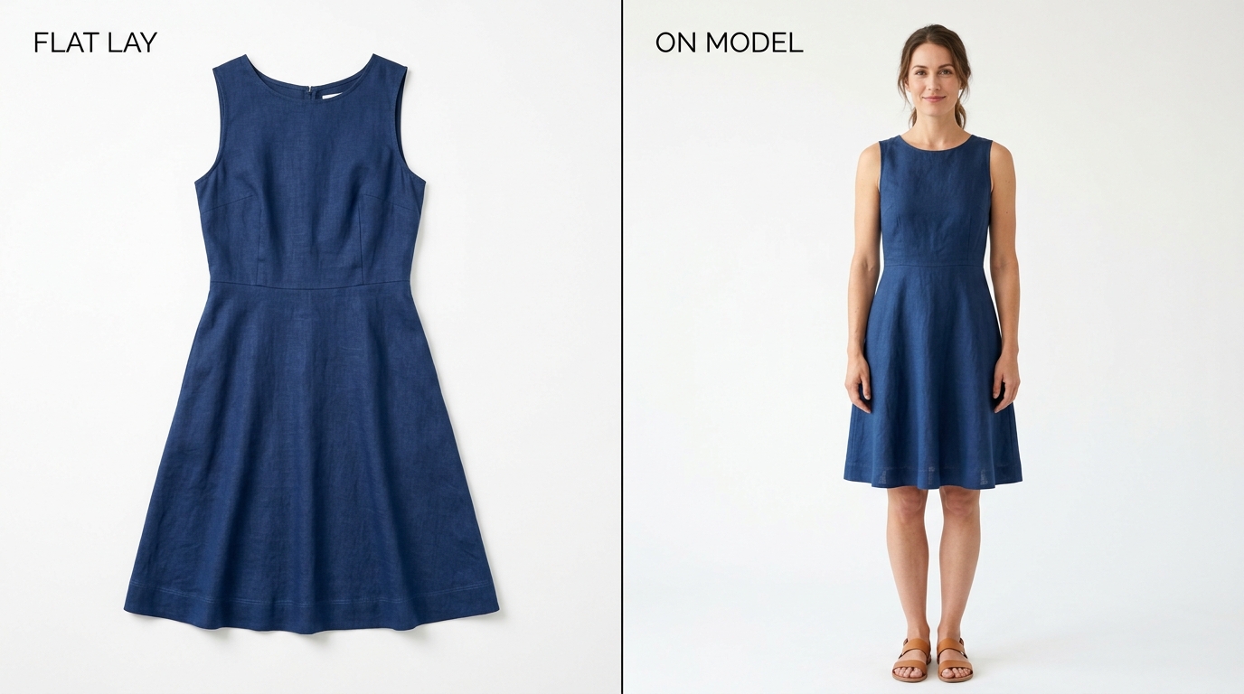A comparison showing a dress as a flat-lay versus on an AI-generated model.