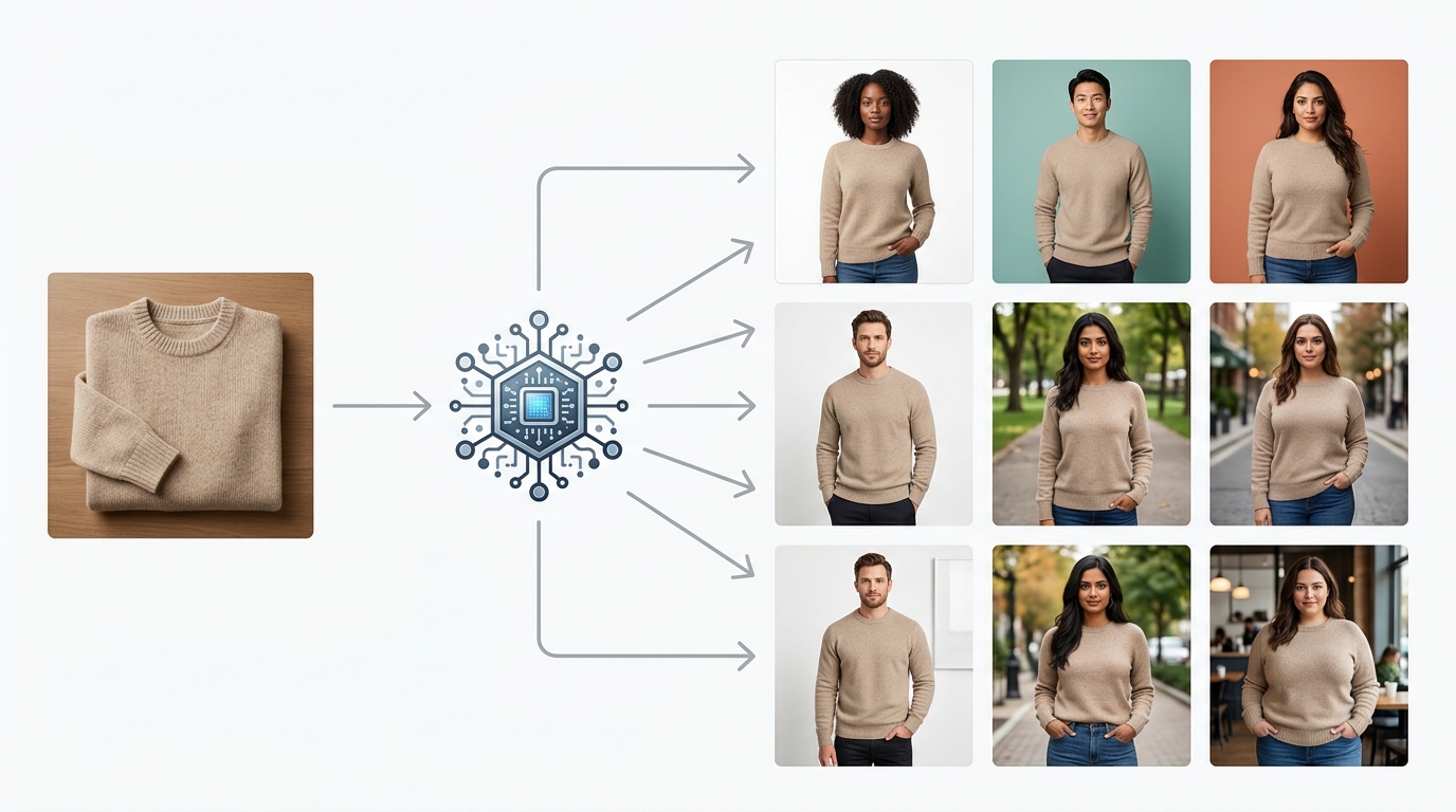 A diagram showing the workflow of turning one product photo into many on-model variants.