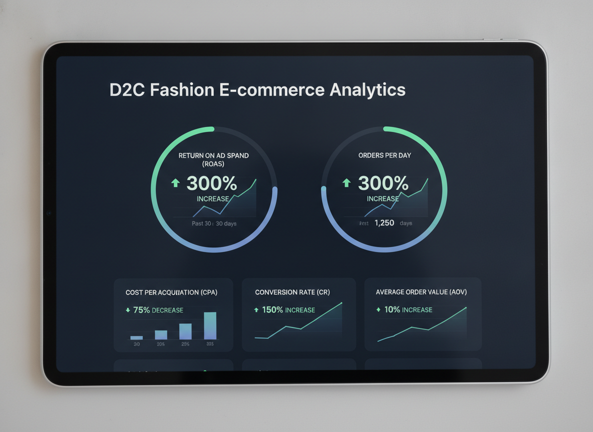 Dashboard displaying a 300 percent increase in ROAS for a D2C fashion brand