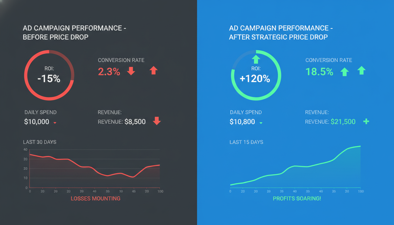 Before and after dashboard of Meta Ads performance following a strategic price drop