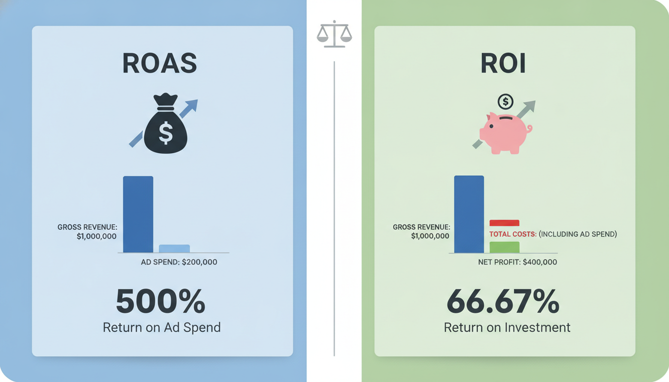 Comparison chart of ROAS vs ROI in marketing