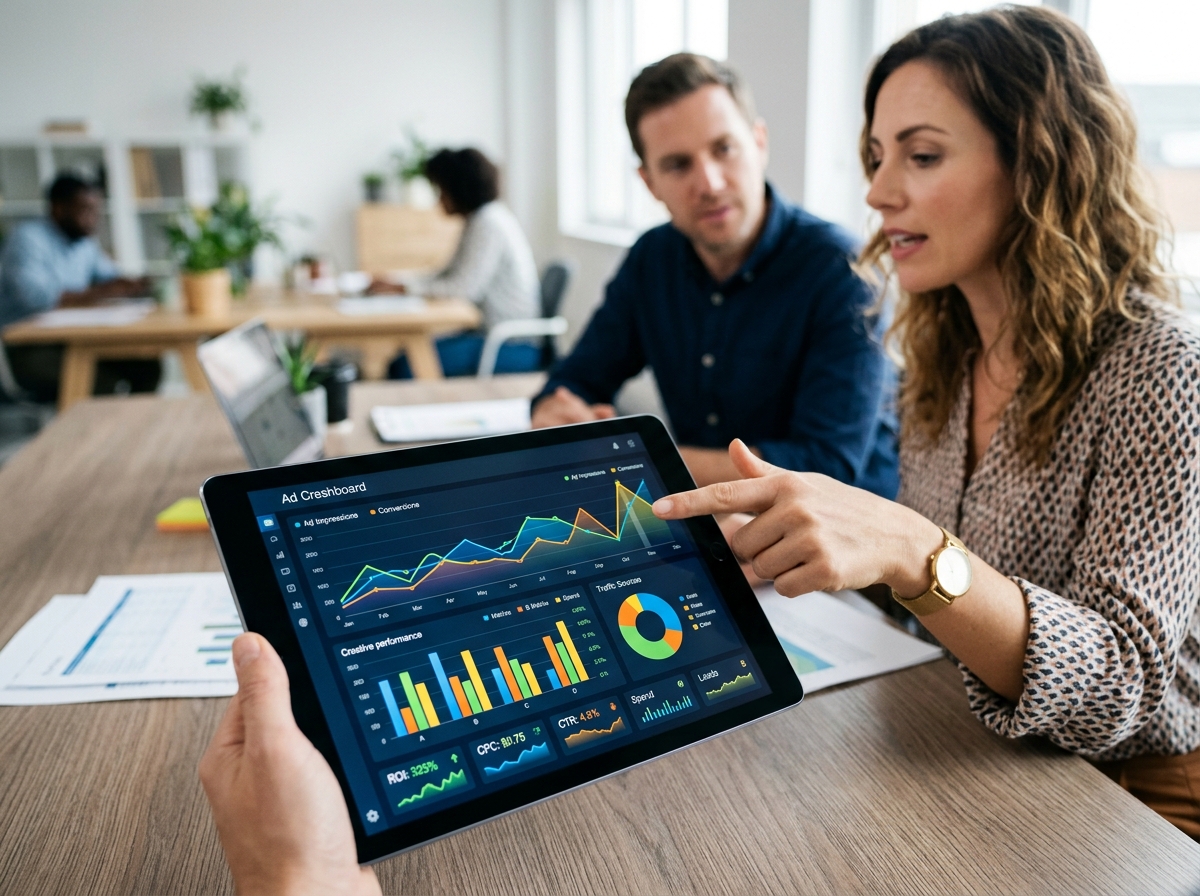 A team of marketers using AI creative intelligence to analyze ad performance data for a D2C fashion brand.