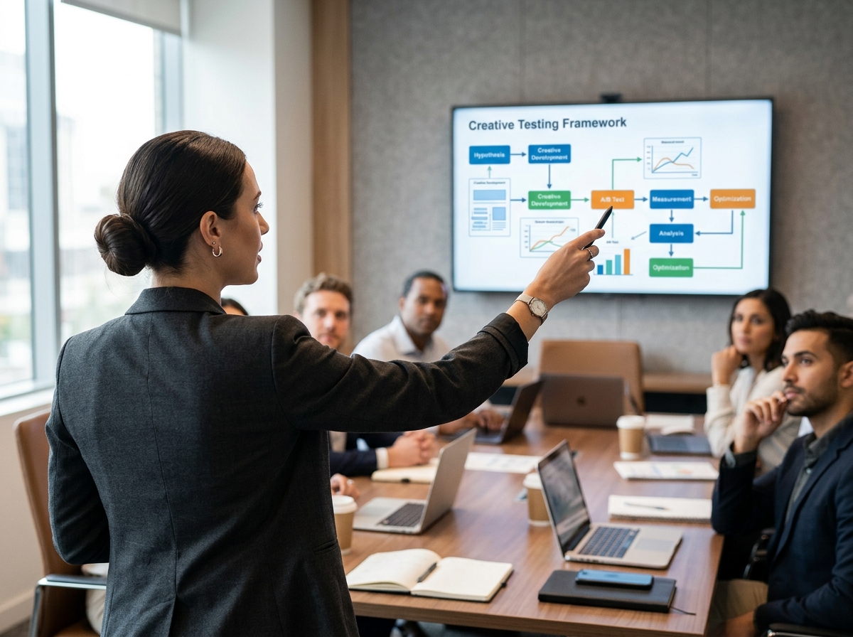 A team of fashion marketers analyzing a creative testing framework on a large screen.