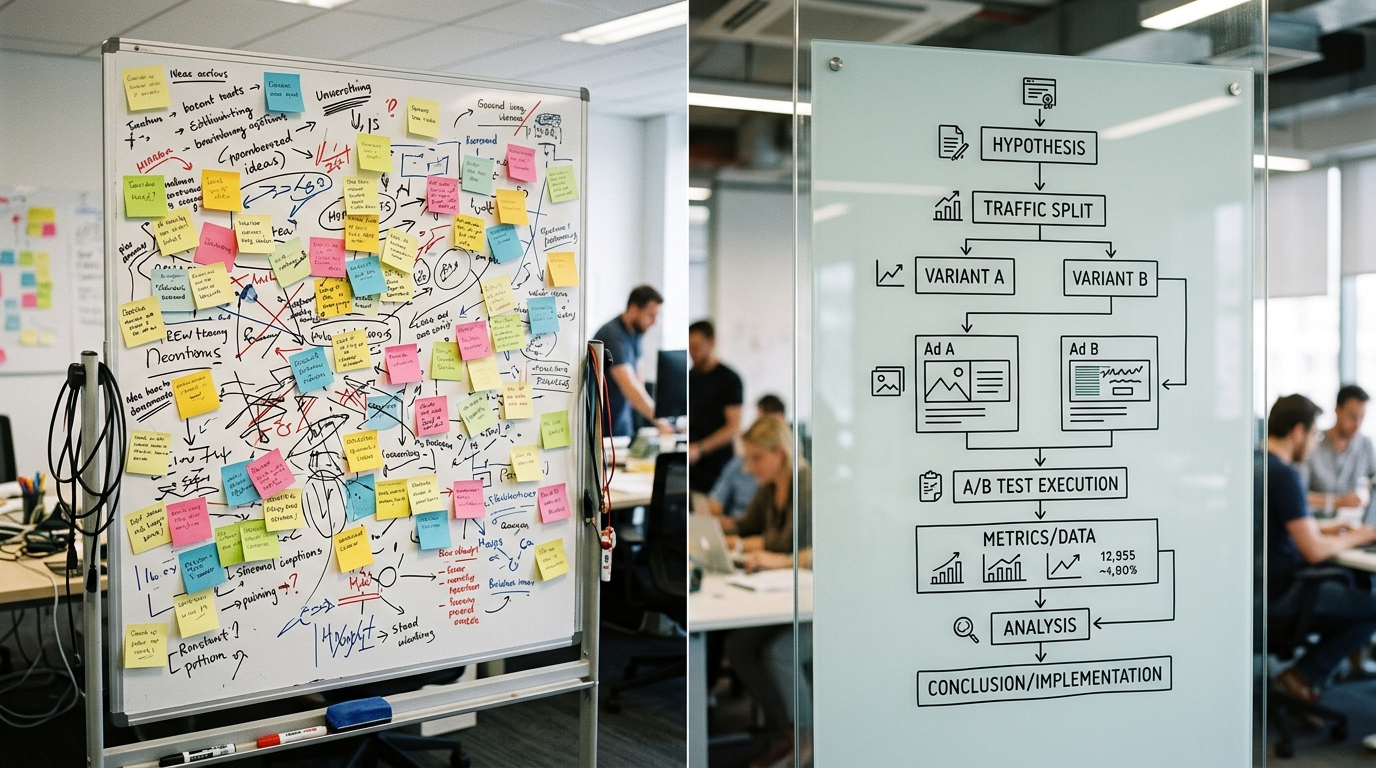 A comparison showing a chaotic versus a structured creative testing process.
