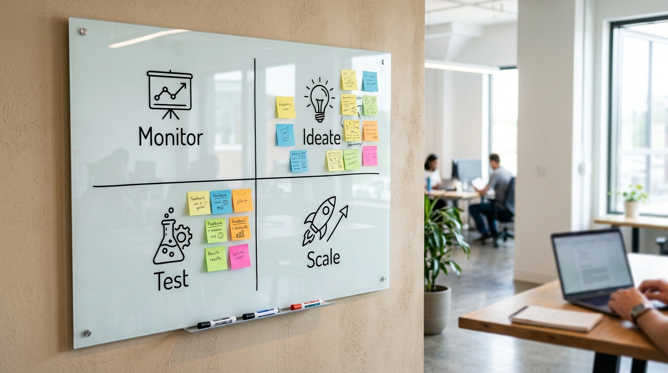 A playbook diagram for managing creative fatigue, showing a cycle of monitoring, ideation, testing, and scaling.