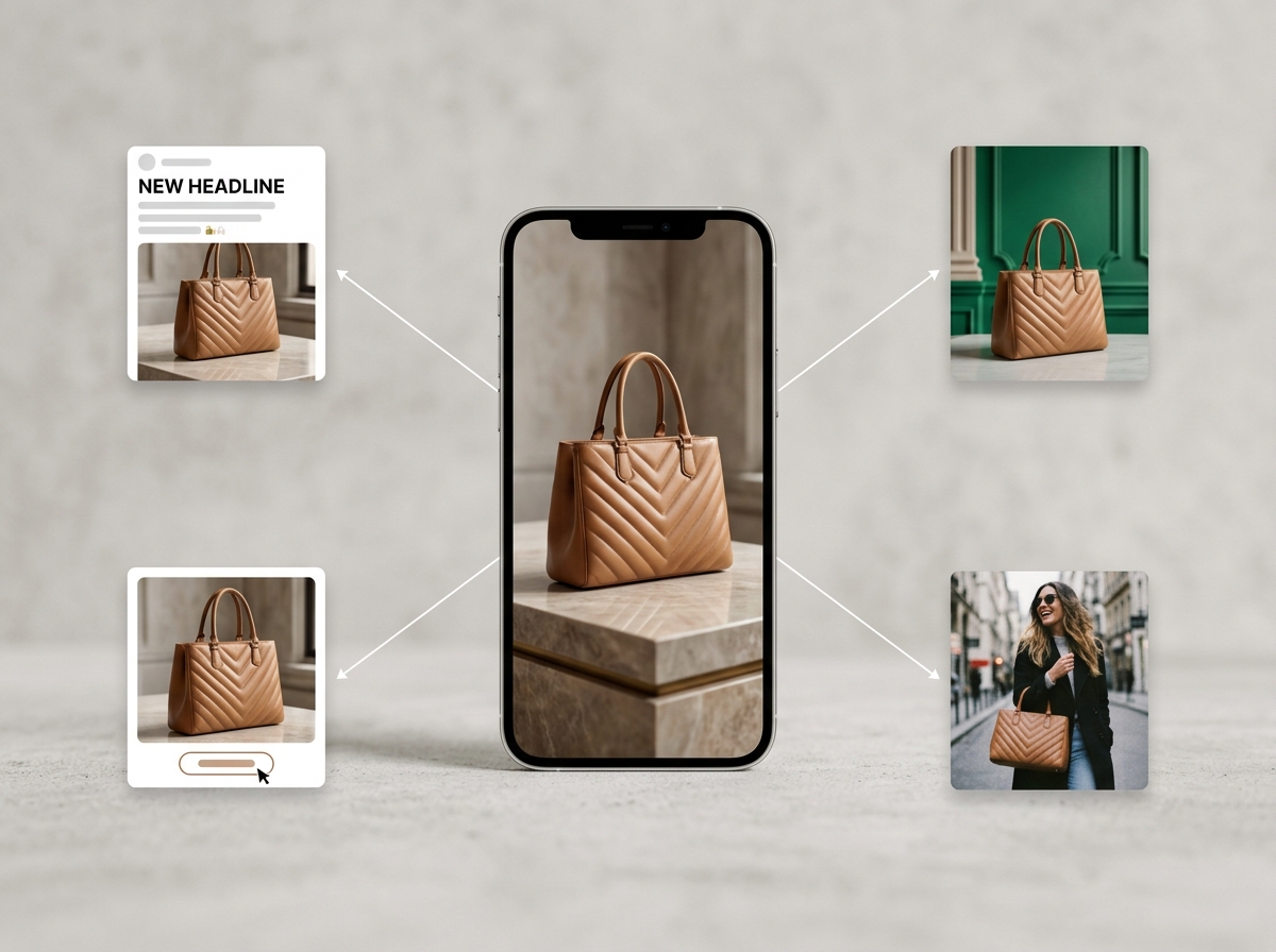 A diagram showing how to turn one winning ad into multiple new creative variations for fashion brands.