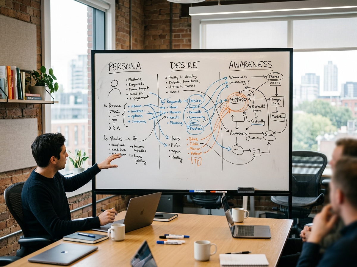 A whiteboard diagram explaining how to find winning creative angles using the Persona, Desire, and Awareness framework.