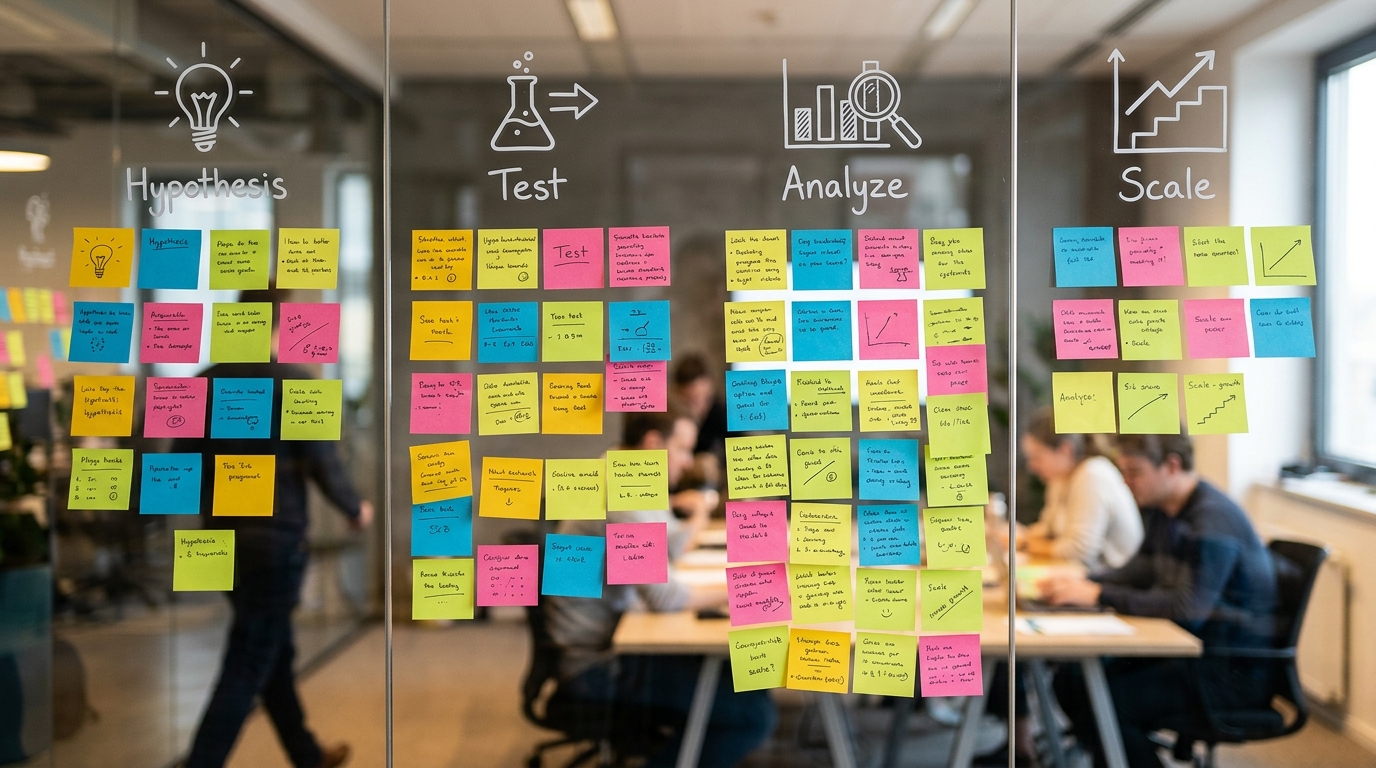A diagram of a four-step creative testing playbook for fashion advertising campaigns.