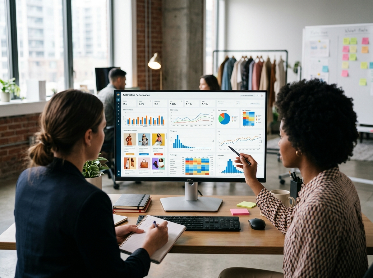 A team of fashion marketers analyzing ad creative performance data to increase ROAS for their brand.