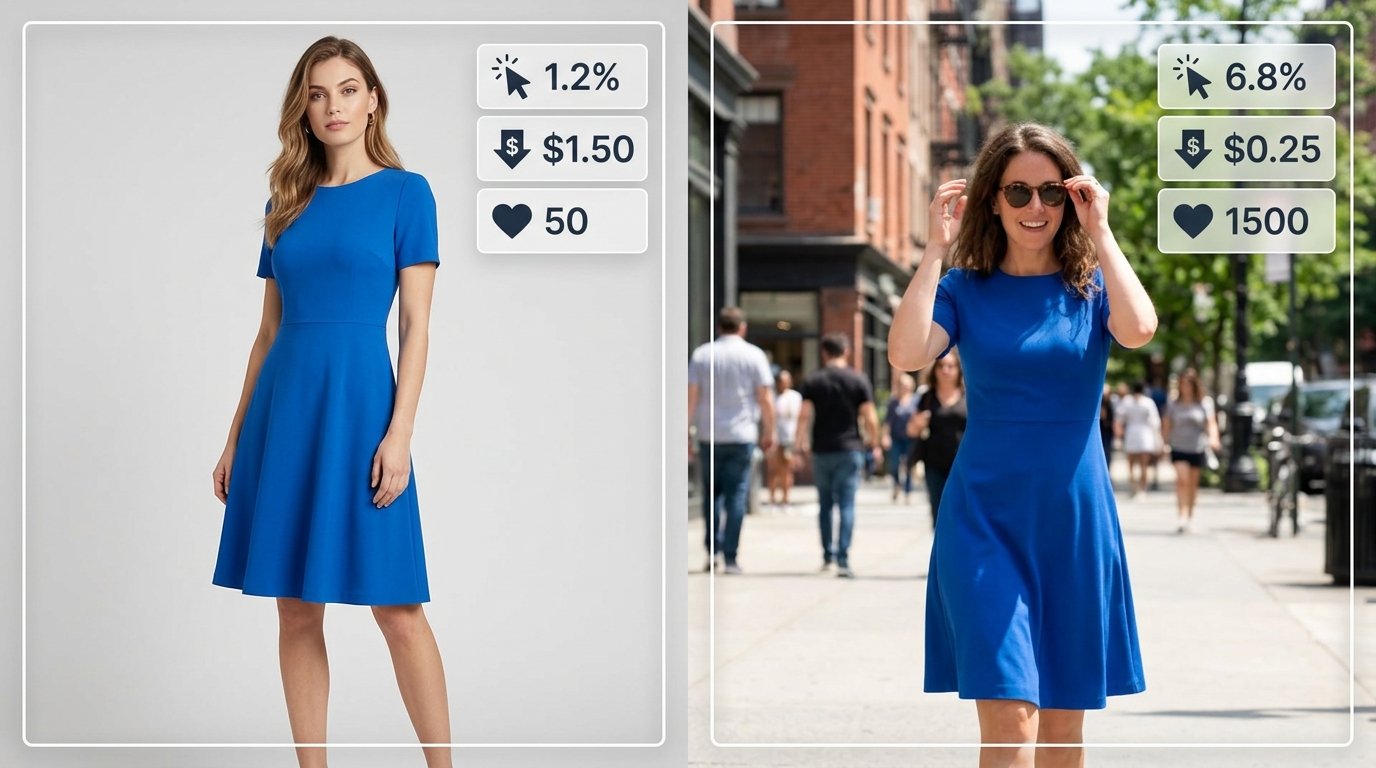 Comparison of a static studio ad versus a high-performing user-generated content ad for a fashion brand.