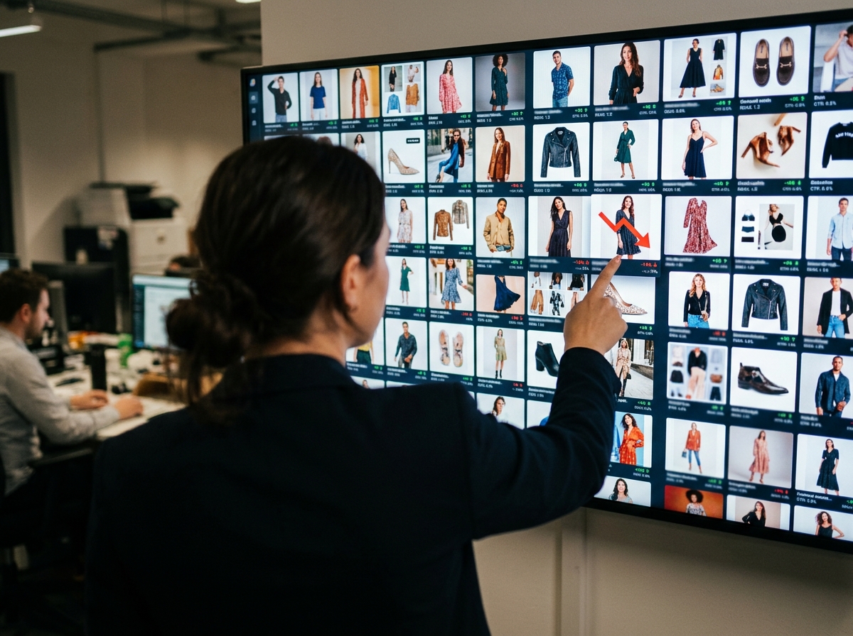 A team of marketers analyzing ad creative performance on a large screen, illustrating the challenge of connecting creative volume vs ROAS.
