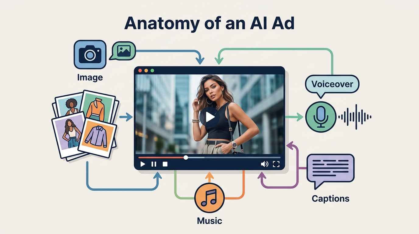 A diagram showing the different multimodal components that make up a complete AI ad.