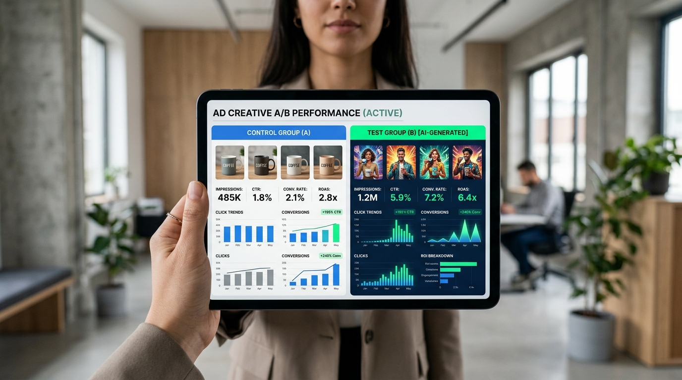 A dashboard showing the positive impact of AI product photography on ad campaign performance.