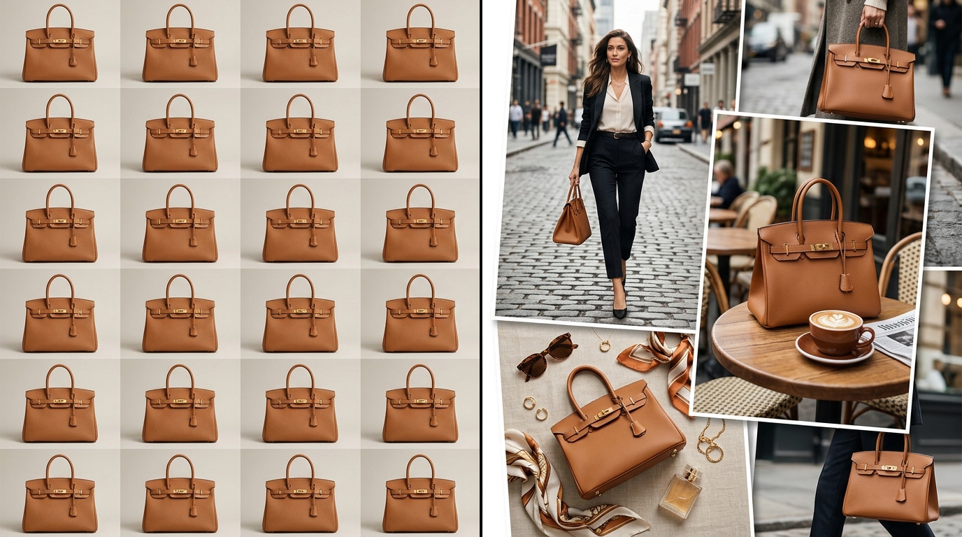 A visual representation of how AI product photography can combat creative fatigue by generating diverse ad creatives.