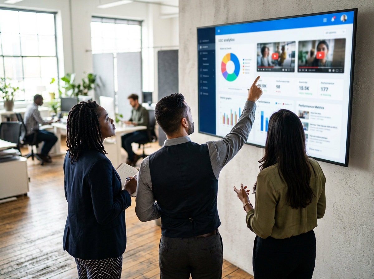 A marketing team analyzing AI UGC video ad performance on a large screen in a modern office.