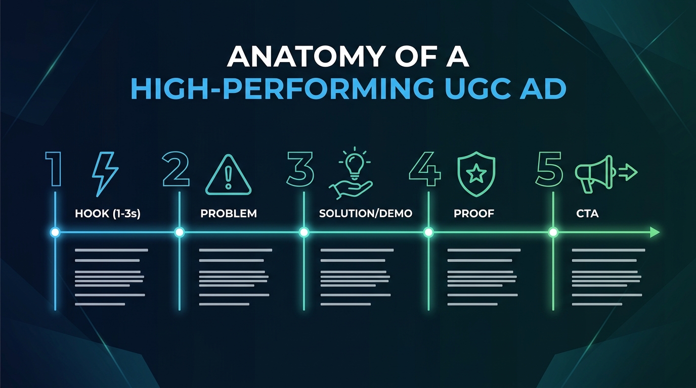 A diagram breaking down the components of a successful AI UGC video ad, including hook, problem, solution, and call-to-action.