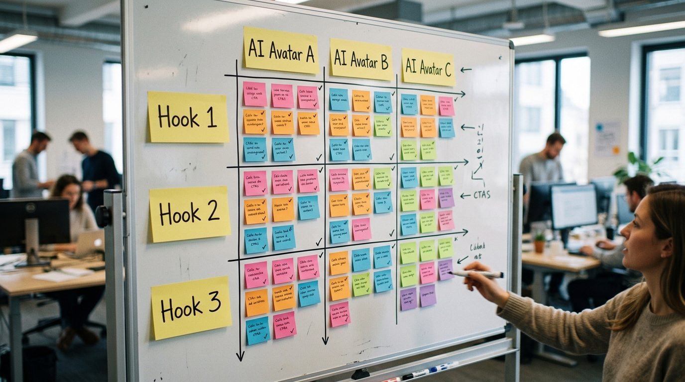 A creative testing matrix for AI UGC ads, showing variations of hooks, avatars, and calls-to-action.
