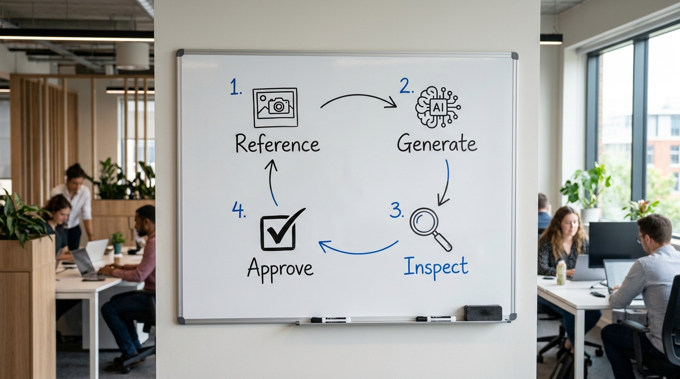 A diagram showing the repeatable workflow for ensuring product consistency: using a reference image, generating creatives, inspecting for fidelity, and approving the output.
