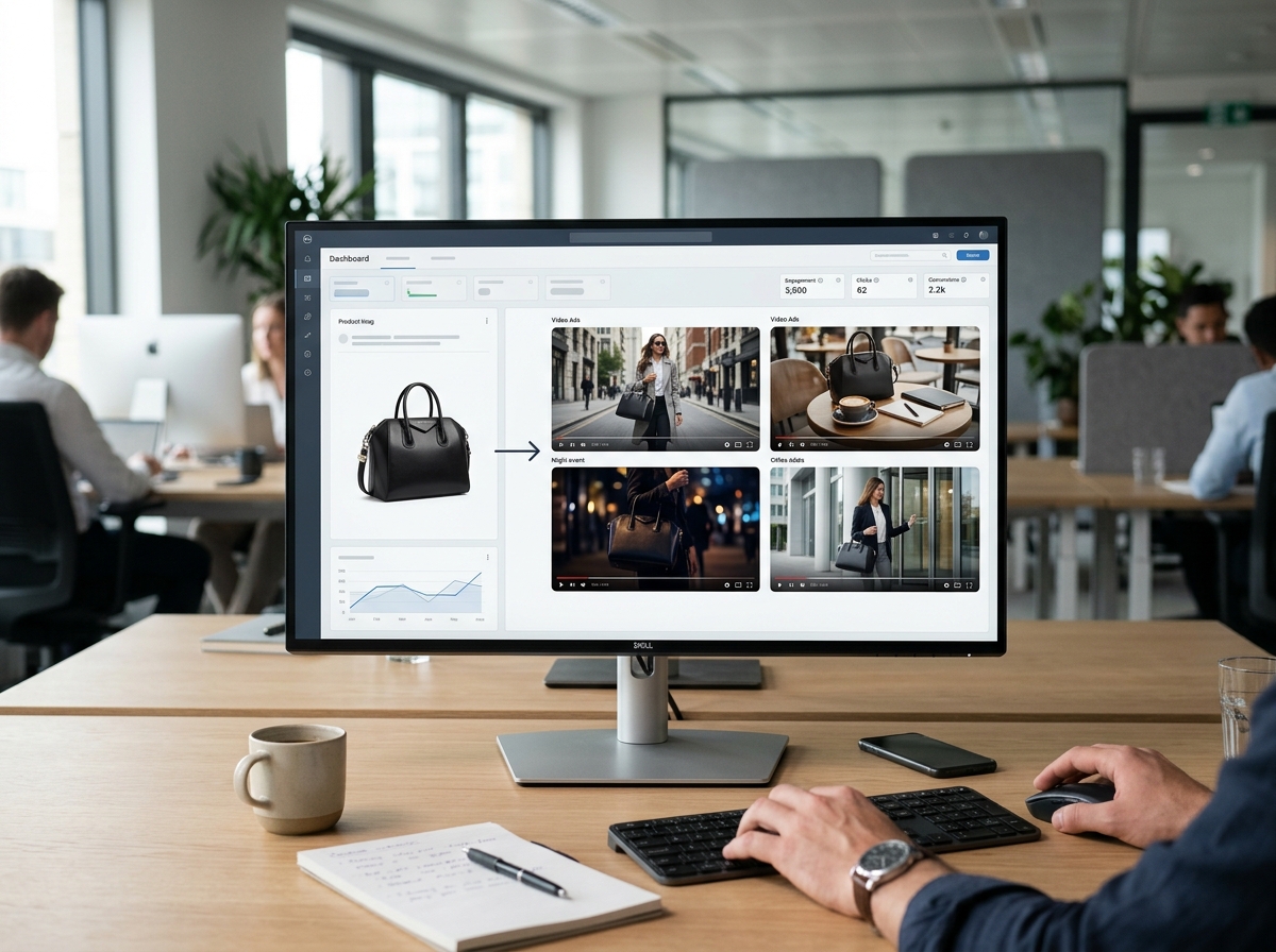 A step-by-step guide on how to turn product images into video ads with AI, showing a workflow from a single image to multiple ad creatives.