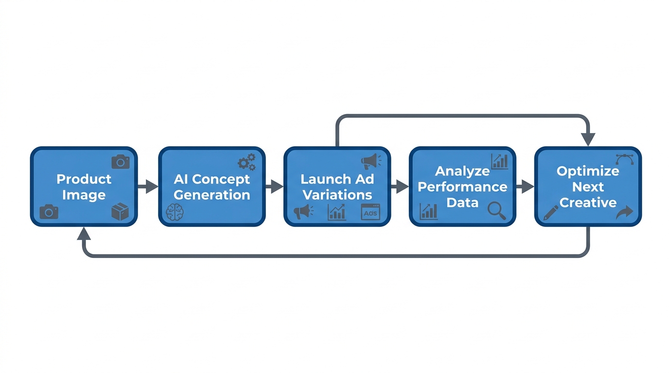 Diagram showing how EngageReel automates the creative testing and learning cycle for AI-generated ads.