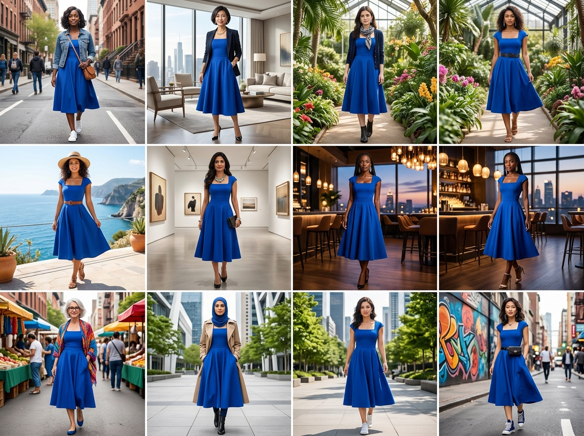 A grid of nine product photos for a single blue dress, showing different models, backgrounds, and styles, all generated by AI.