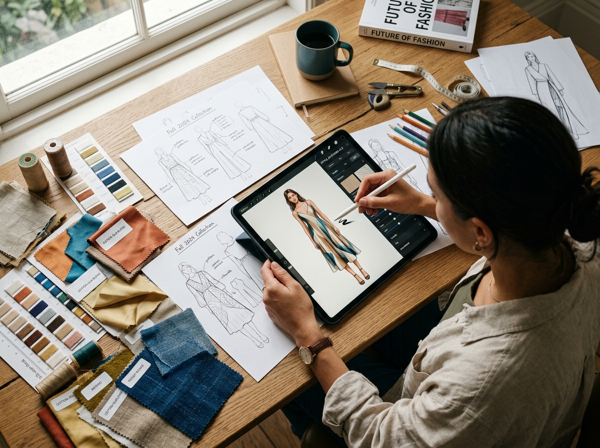 A split screen showing a traditional photoshoot on one side and an AI image generation interface on the other, highlighting the difference in complexity and resources required.