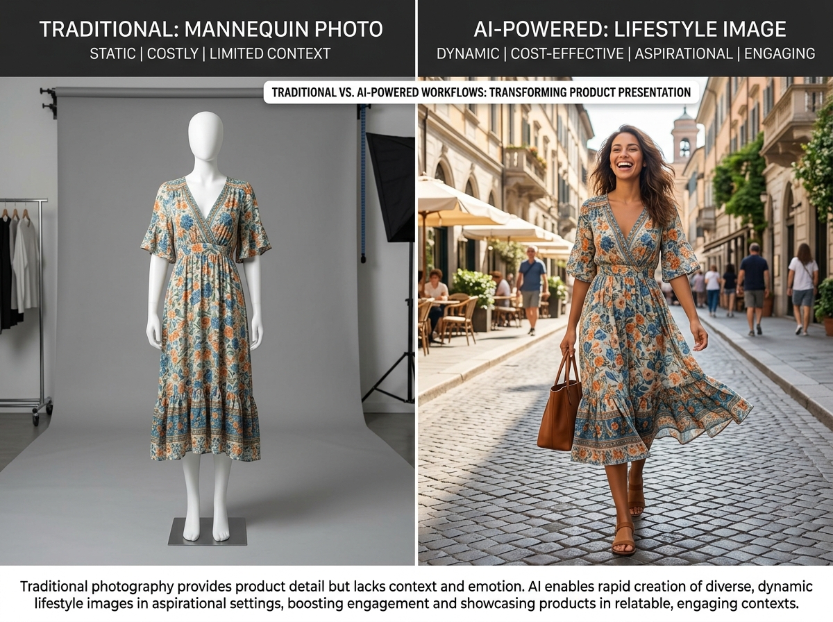 A diagram illustrating the workflow of AI-powered image generation, from uploading a product photo to generating multiple variations for different channels.