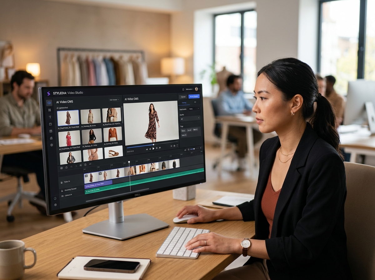 A fashion merchandiser reviewing AI-generated product videos on a large computer screen.