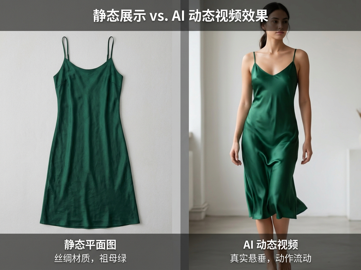 A comparison of a static product photo and an AI-generated video showing fabric movement.
