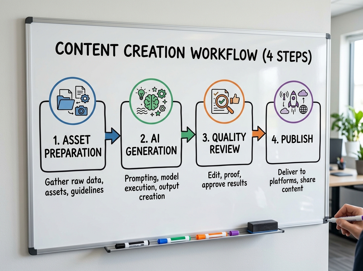 A diagram illustrating the workflow for creating AI product videos, from asset preparation to publishing.