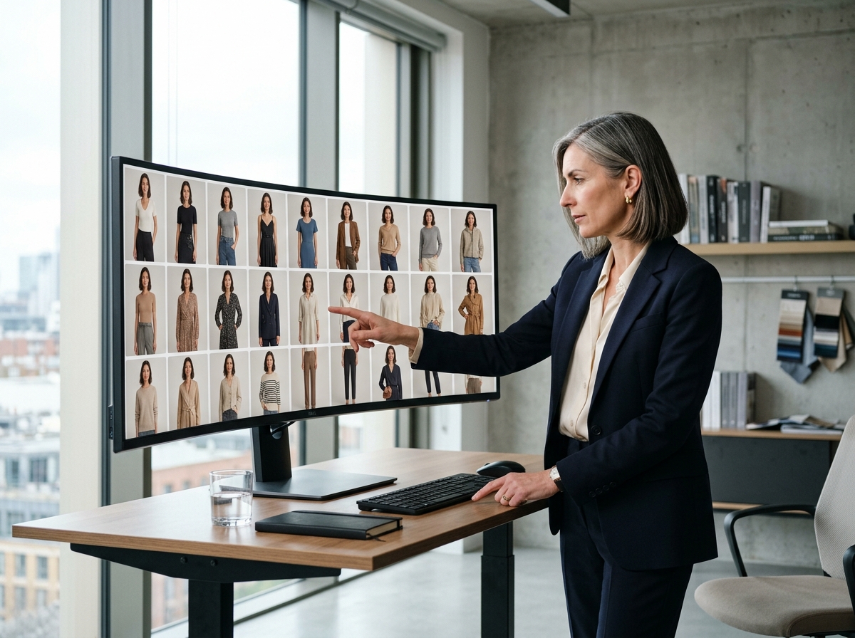 A fashion director reviewing consistent AI-generated on-model imagery for a catalog.