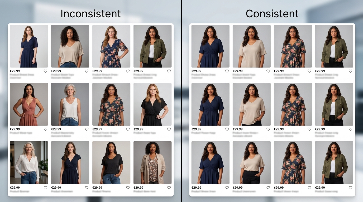 A split-screen comparison showing an inconsistent vs. a consistent AI model catalog grid.