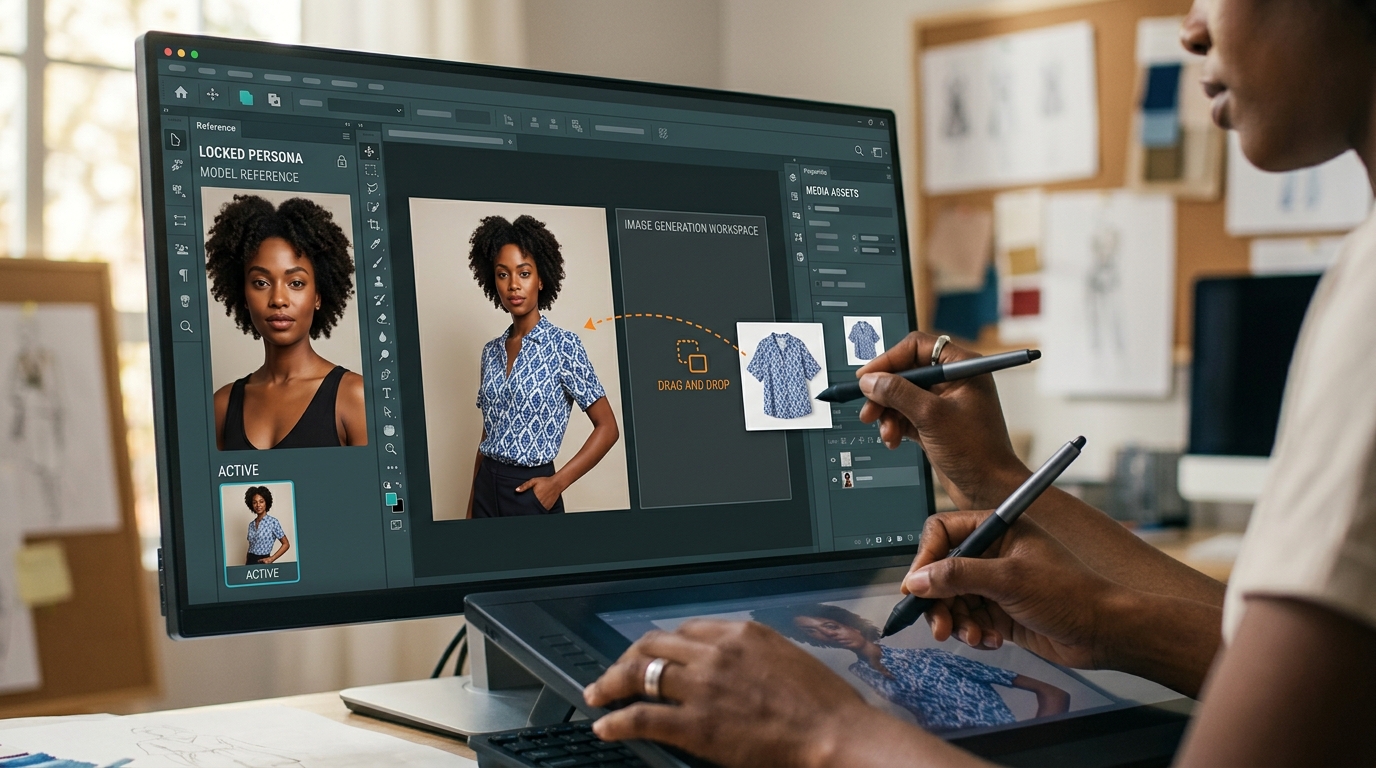 A close-up of a designer's screen showing a locked AI model persona being applied to a new product.