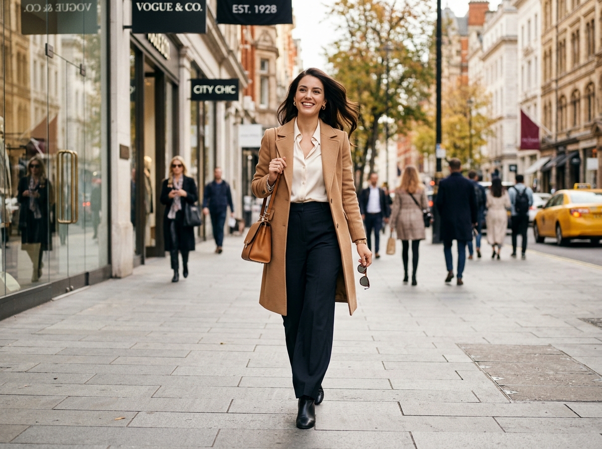 Fashion model walking confidently in a lifestyle scene for a Meta ad