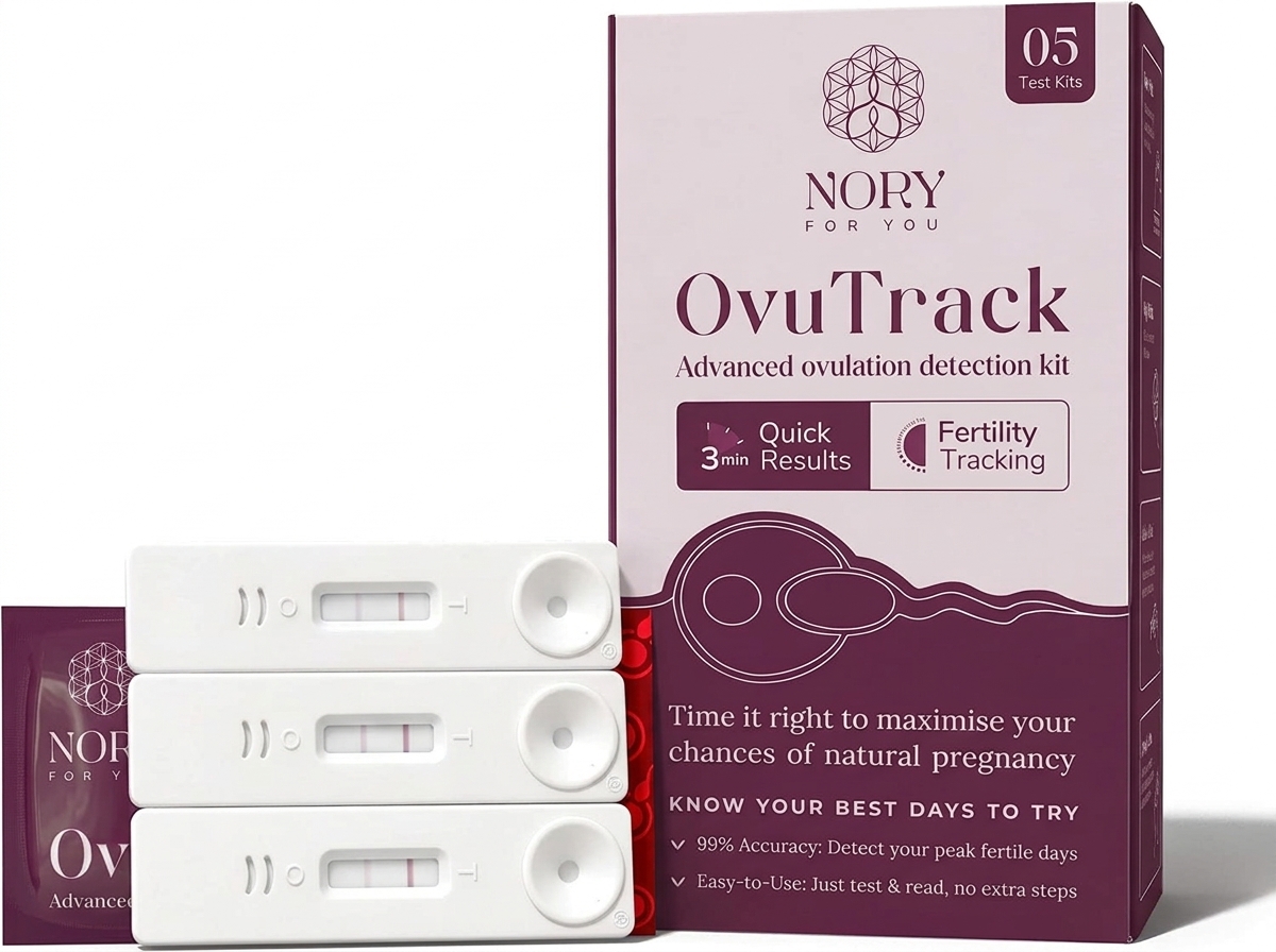 Detail view of a positive Nory ovulation test strip