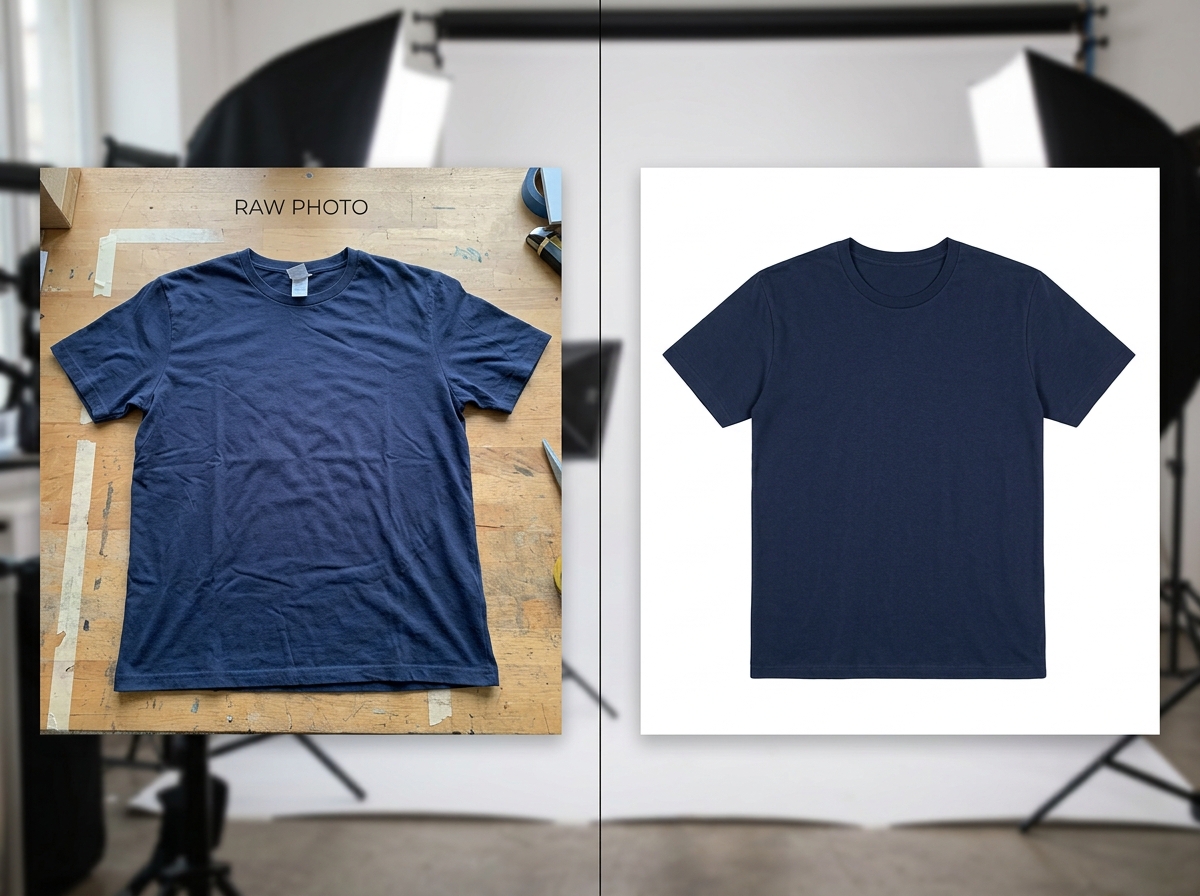 Comparison of a raw fashion image and a perfectly formatted marketplace asset