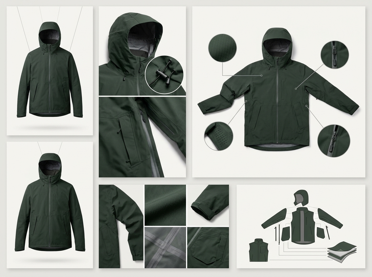 Technical breakdown of a garment formatted for multiple marketplace aspect ratios