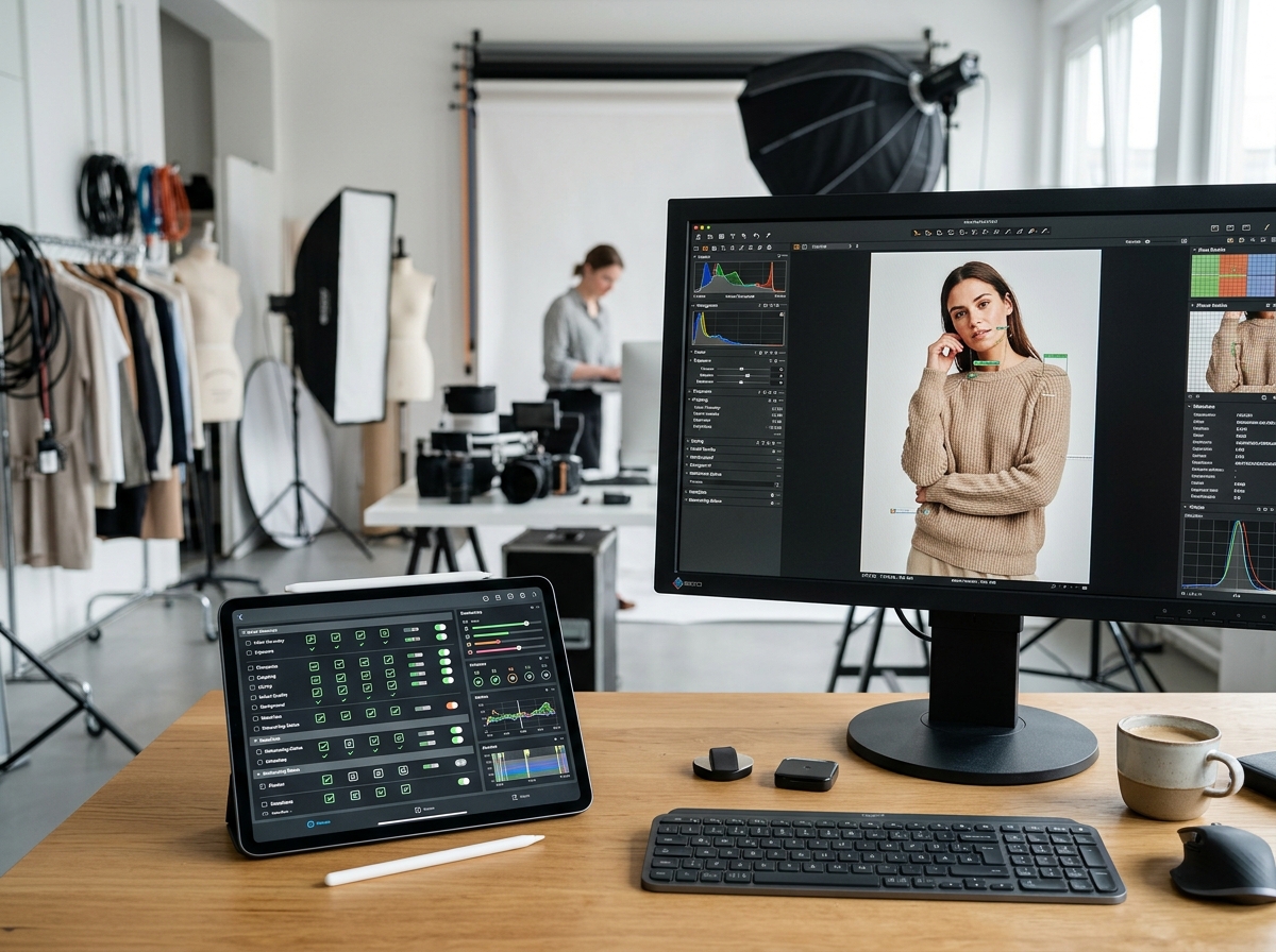Tablet displaying a technical audit checklist for fashion product imagery