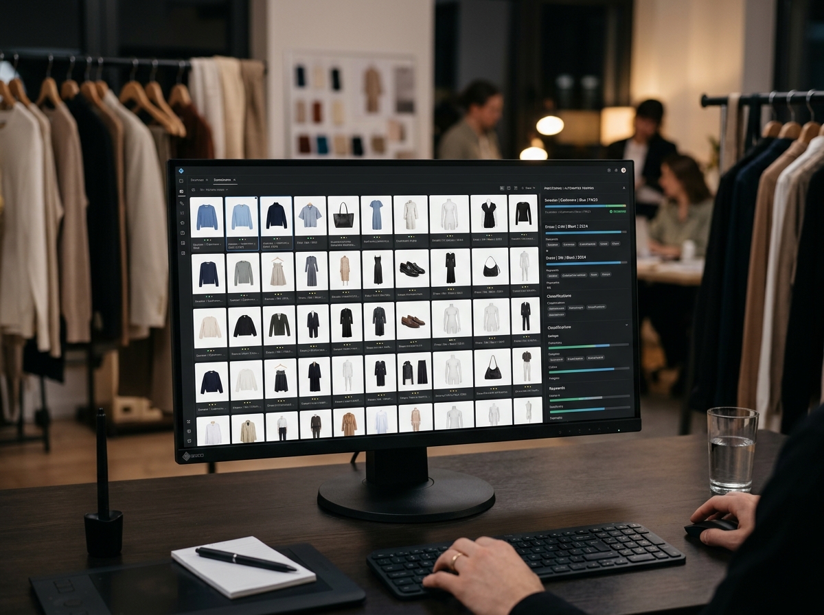 A streamlined, automated digital interface showing fashion assets being standardized and tagged