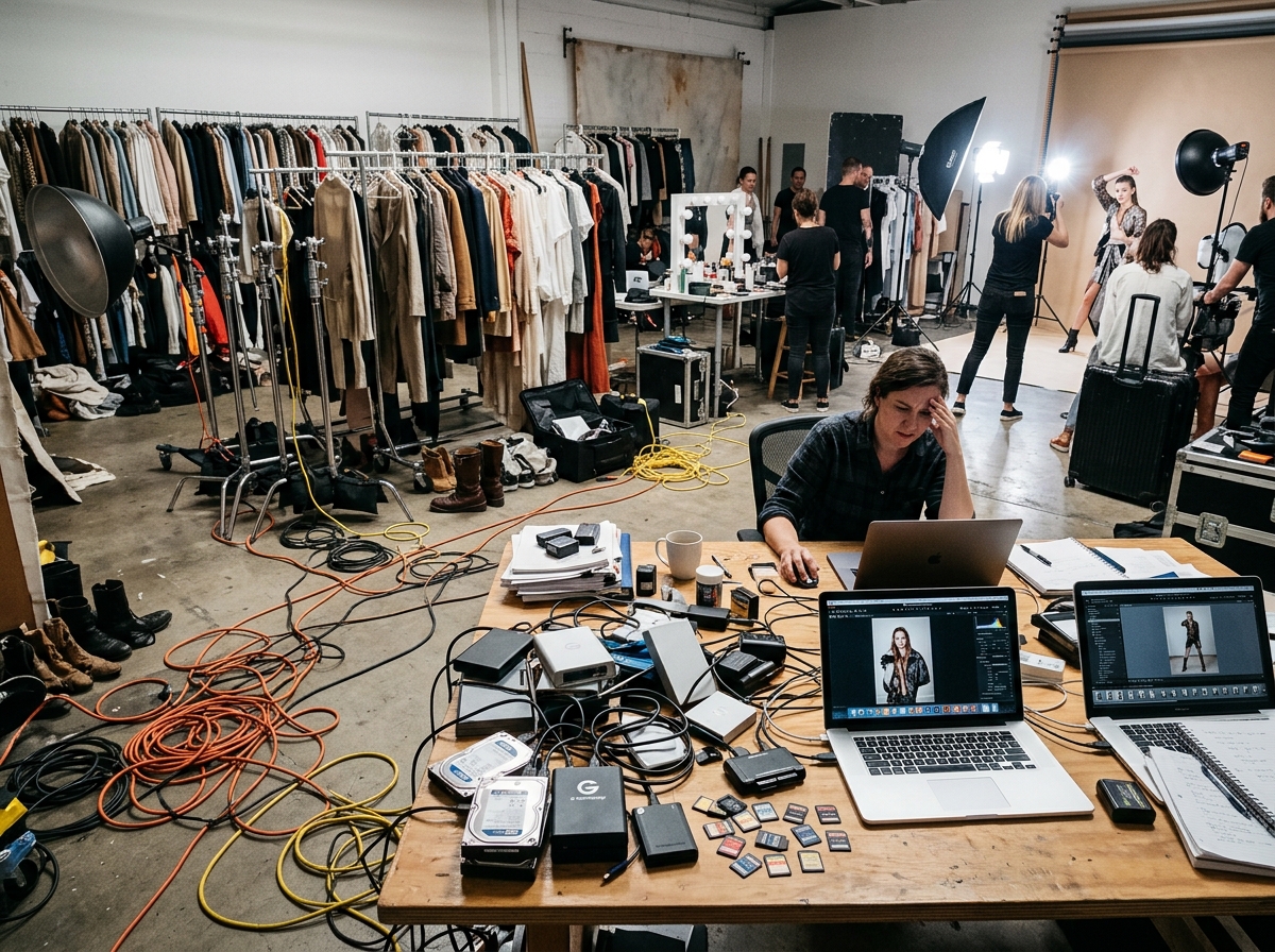 Cluttered, disorganized traditional photo studio with isolated files and disconnected folders