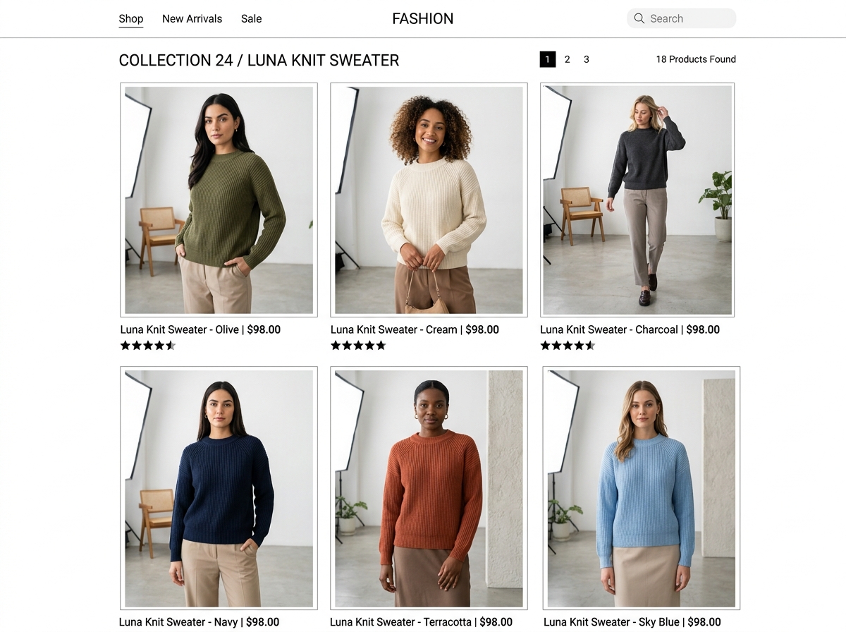 Consistent AI generated on-model images on a fashion product listing page