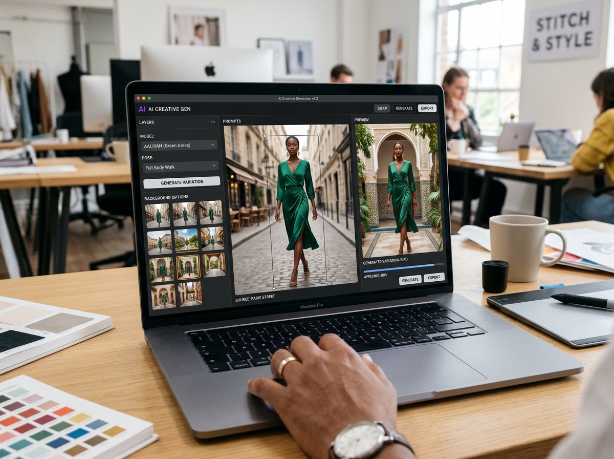 AI interface generating a new fashion ad variation based on winning performance tags