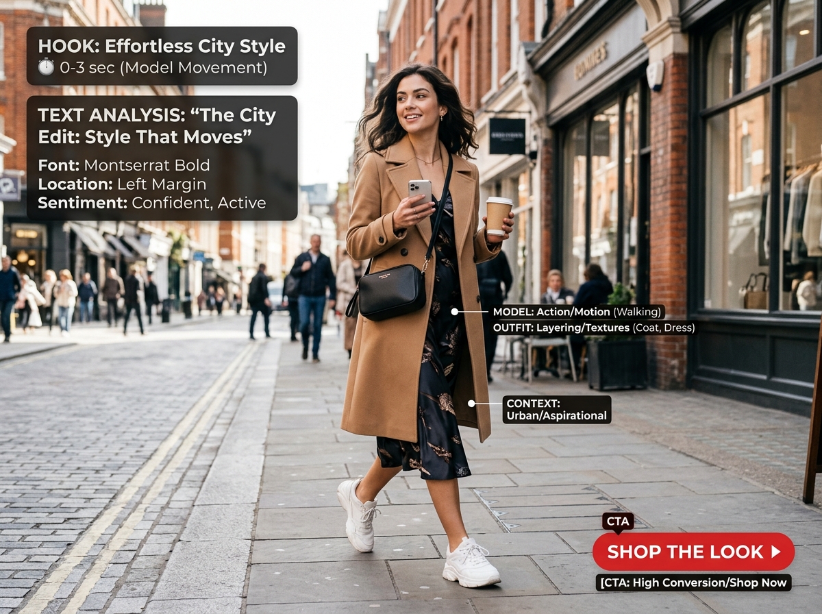 Diagram breaking down a fashion video ad into hook, text overlay, and call to action elements
