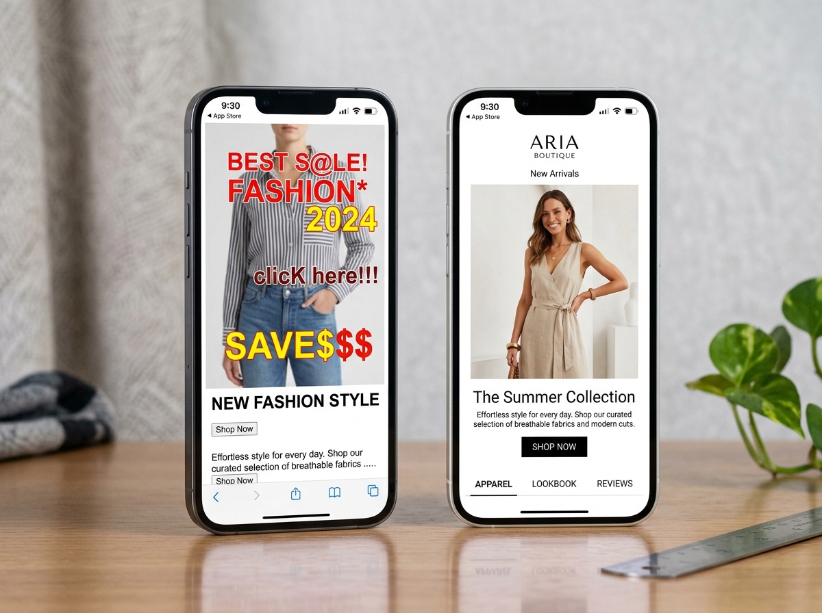 Comparison of poor versus good mobile formatting for fashion ads