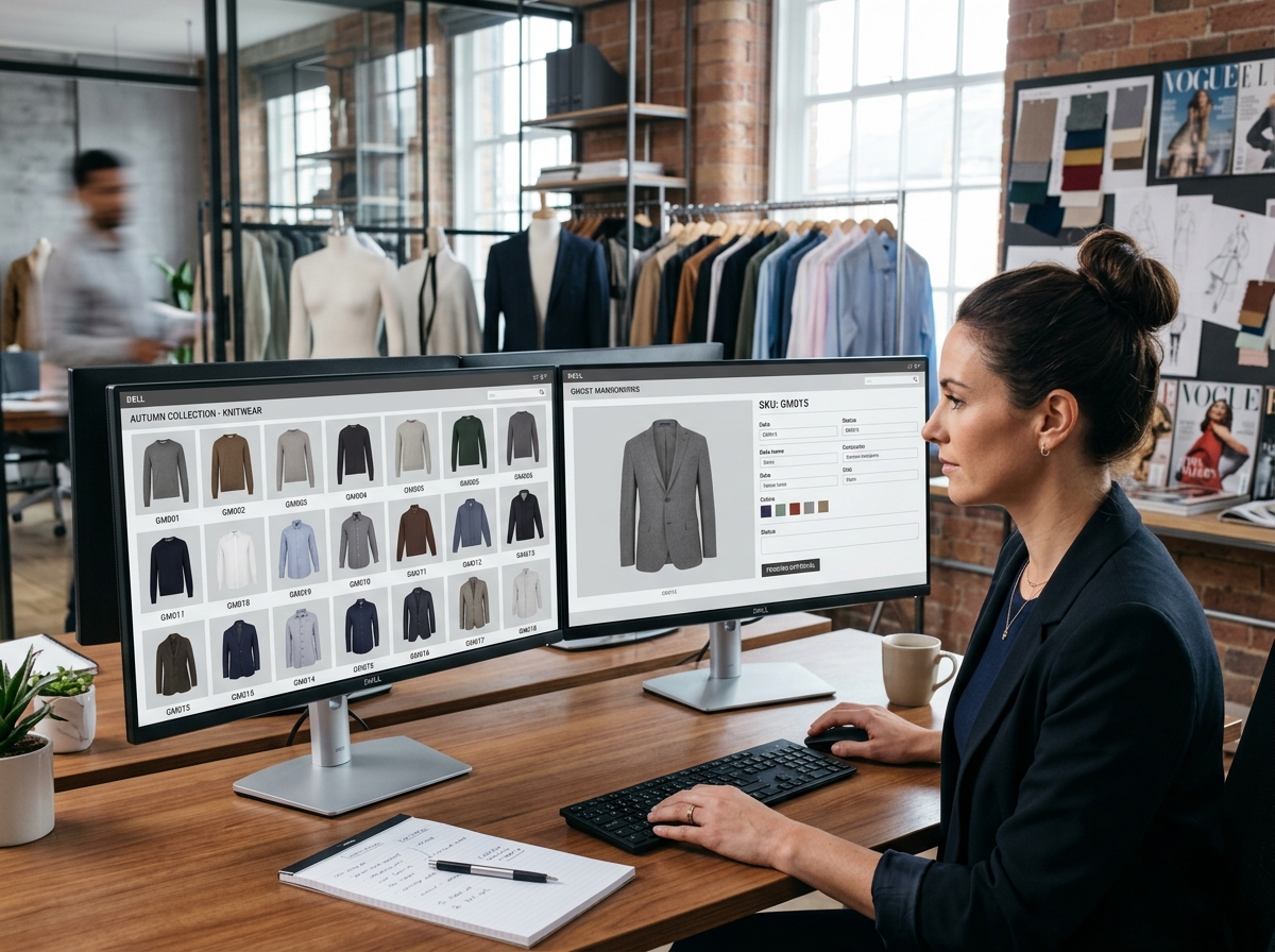 Catalog manager reviewing consistent AI ghost mannequin images