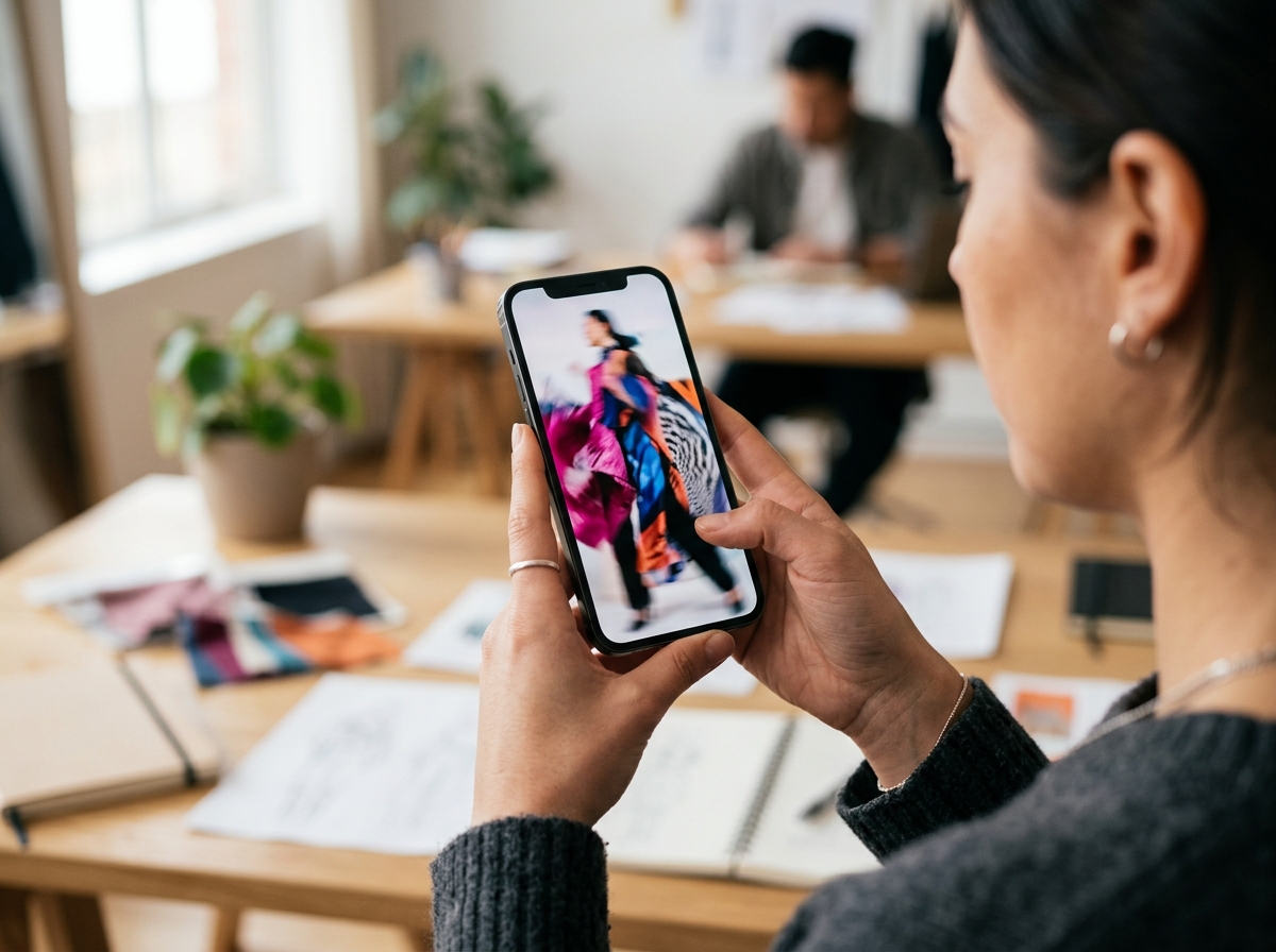 A fashion professional analyzing the performance of an Instagram Reels ad on a phone.