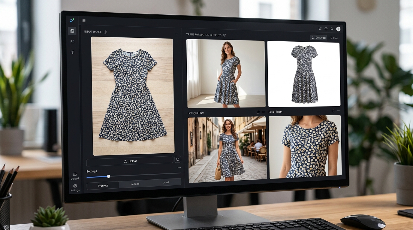 An AI interface showing the transformation of a single product photo into various essential image types like on-model and ghost mannequin.
