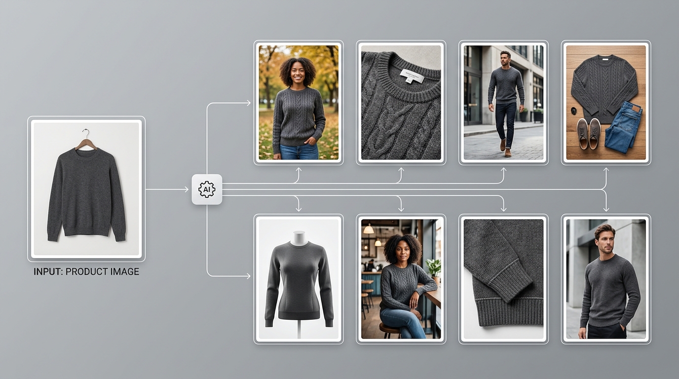 A diagram showing one source image input leading to a full set of AI-generated fashion product image outputs.